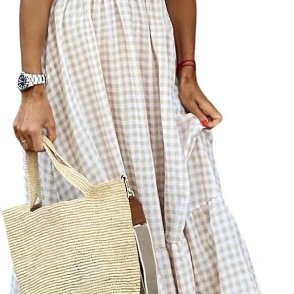 Women's Retro Plaid Smocked Dress Spaghetti Strap Flounce Long Dress - Picture 1 of 6